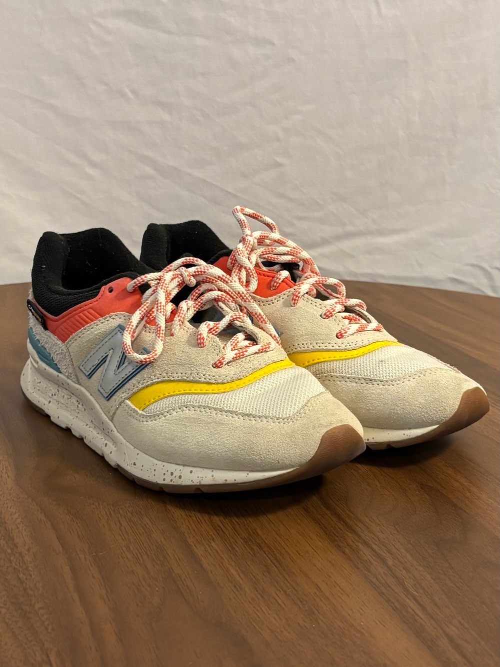 New Balance Cream Suede & Mesh Sneakers with Yellow, Coral, Blue Accents